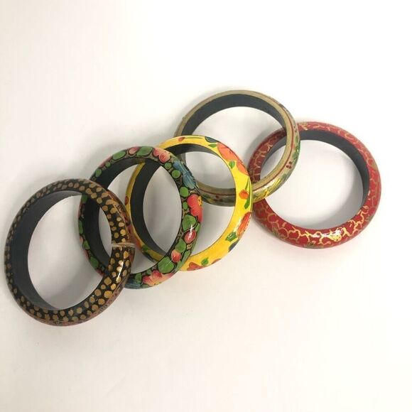 vtg handpainted light weight wooden bangles tropical summer bohemian colorful - Picture 5 of 7